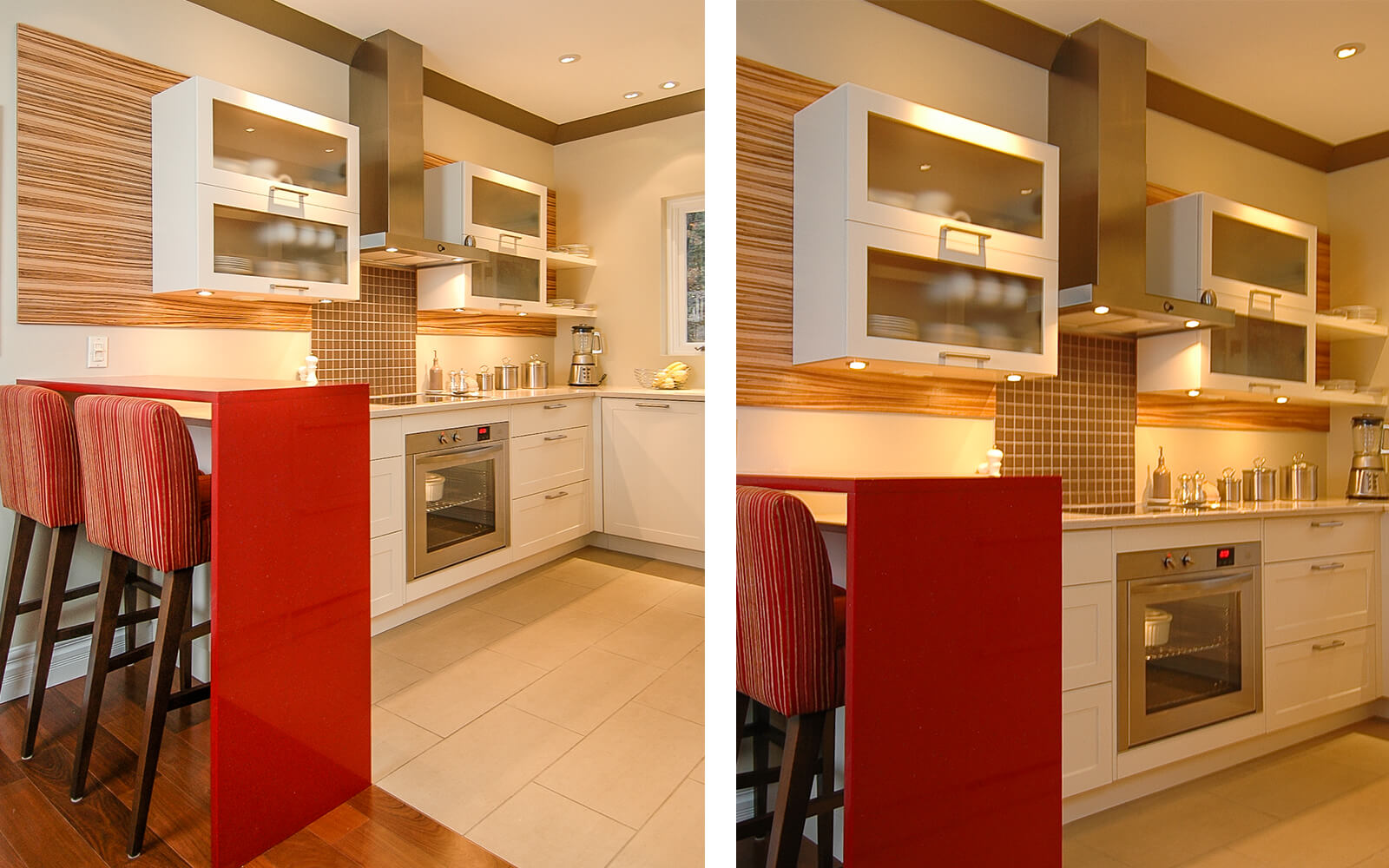 Design cuisine comptoir rouge détail bois